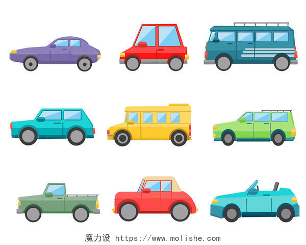 卡通汽车元素各种小汽车面包车小轿车玩具车交通工具PNG素材